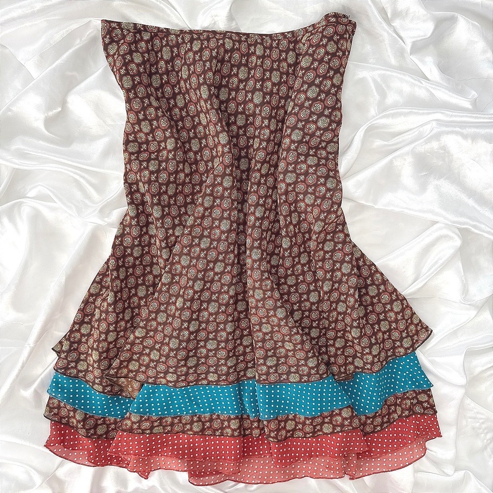 Christopher & Banks Brown Floral Polka Dot Tiered Ruffle Midi Skirt Size 4